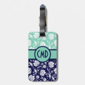 ブルー&ホワイトフローラダマスクティール（緑がかった色）アクセント ラゲッジタグ (裏面縦)