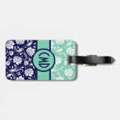 ブルー&ホワイトフローラダマスクティール（緑がかった色）アクセント ラゲッジタグ (裏面横)