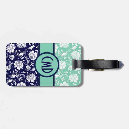 ブルー&ホワイトフローラダマスクティール（緑がかった色）アクセント ラゲッジタグ (裏面横)