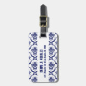 ブルー&ホワイトフローラダマスク ラゲッジタグ (正面縦)