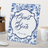 ブルー&ホワイトフローラトイレゲストブックテーブルトップ 台座サイン (インサイチュ)