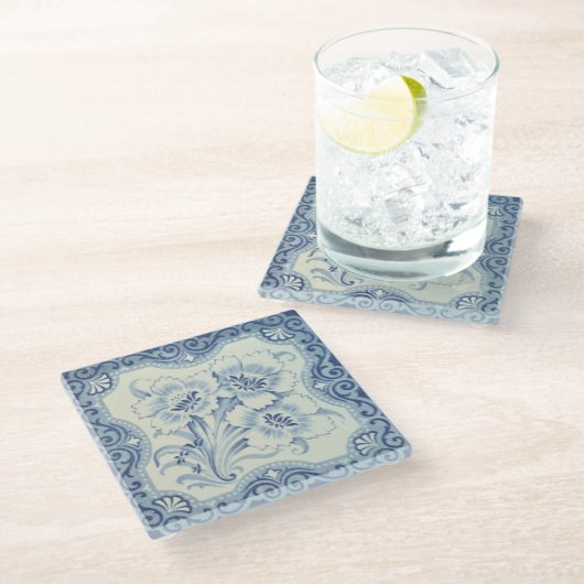 ブルー&ホワイトフローラビクトリアンマジョリカアンティーク ガラスコースター (アングル)