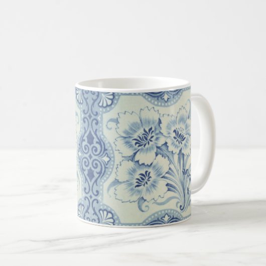 ブルー&ホワイトフローラビクトリアンマジョリカアンティーク コーヒーマグカップ (正面右)