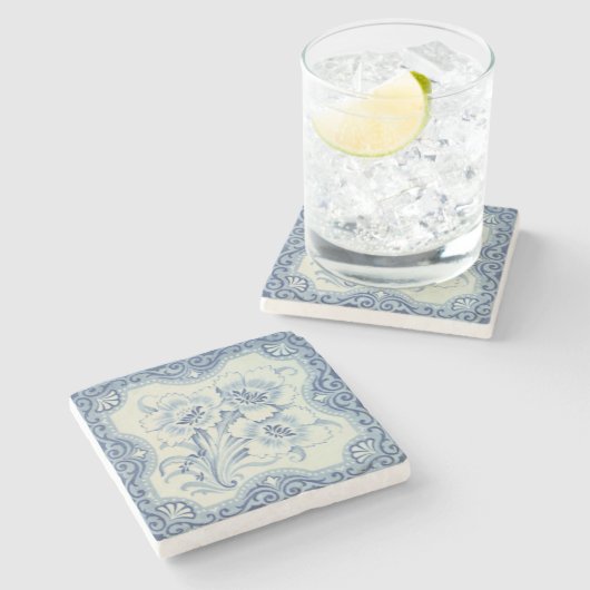 ブルー&ホワイトフローラビクトリアンマジョリカアンティーク ストーンコースター (横)
