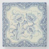 ブルー&ホワイトフローラビクトリアンマジョリカアンティーク ストーンコースター (正面)