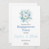 ブルー&ホワイトフローラブーケホワイト婚約パーティ 招待状 (正面/裏面)