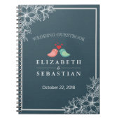 ブルー&ホワイトフローララブバード結婚ズゲストブック ノートブック (正面)