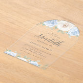 ブルー&ホワイトフローラ水彩第90回バースデーパーティー アクリル招待状 (レイダウン)