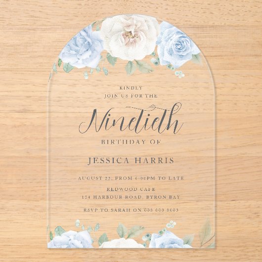 ブルー&ホワイトフローラ水彩第90回バースデーパーティー アクリル招待状 (正面)