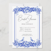 ブルー&ホワイトフローラ磁器ブライダルシャワー 招待状 (正面)