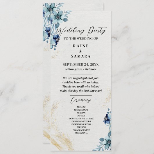 ブルー&ホワイトフローラ素朴ウェディングパーティプログラム プログラム (正面/裏面)