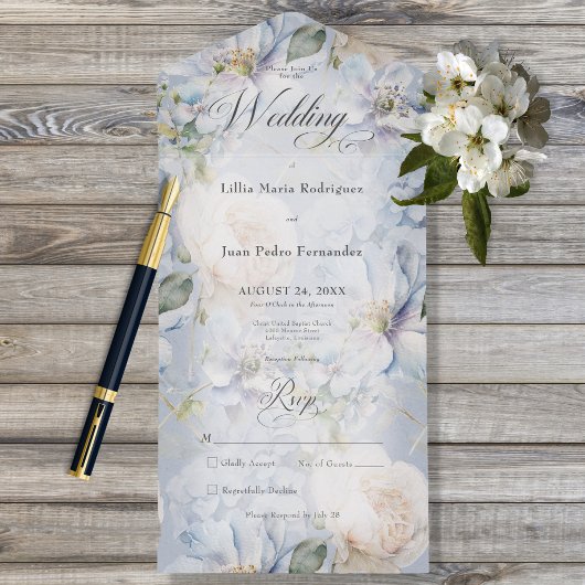 ブルー&ホワイトフローラ素朴ロマンチックNo Dinner オールインワン招待状