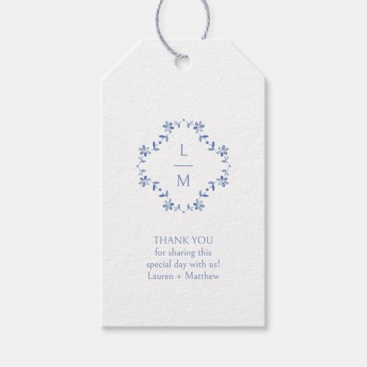 ブルー&ホワイトモノグラムありがとうお結婚客様のギフトラベル ギフトタグ (正面)