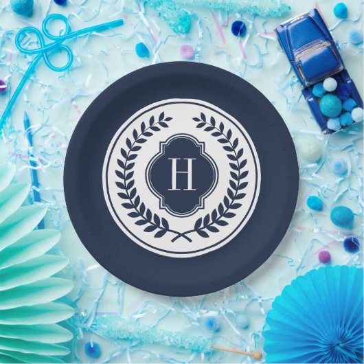 ブルー&ホワイトモノグラームリースクレスト ペーパープレート (パーティー)