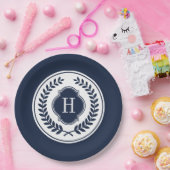 ブルー&ホワイトモノグラームリースクレスト ペーパープレート (パーティー)