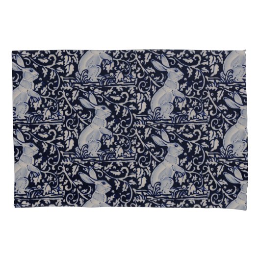 ブルー&ホワイトラビットバニーエレガントアートコバルトネイビー 枕カバー (正面)