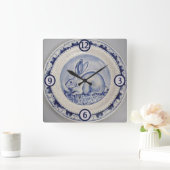 ブルー&ホワイトラビットバニー陶芸中国デダムアート スクエア壁時計 (ホーム)