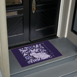 ブルー&ホワイトラビットバードウェルカムフローラDedham ドアマット