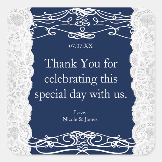 ブルー&ホワイトレースエレガントなウェディングフライトスタンプ スクエアシール (正面)