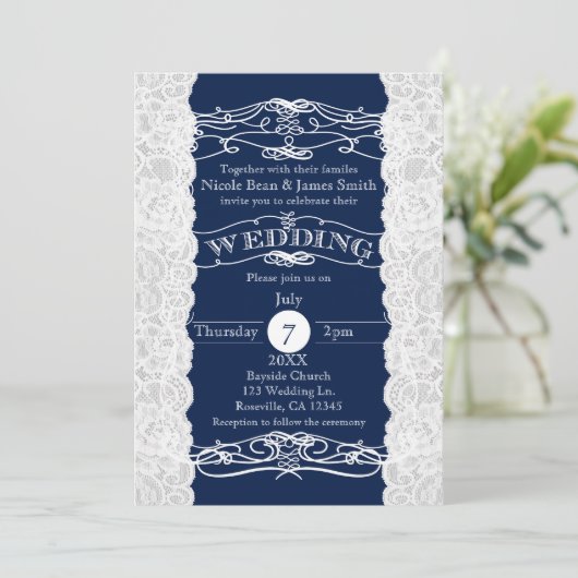 ブルー&ホワイトレースエレガントウェディング招待状 招待状 (スタンド正面)