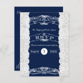 ブルー&ホワイトレースエレガントウェディングRSVPカード インビテーションポストカード (正面/裏面)
