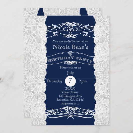 ブルー&ホワイトレースバースデーパーティ招待状 招待状 (正面/裏面)