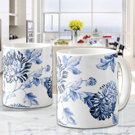 ブルー&ホワイトヴィンテージダリアフローラ コーヒーマグカップ