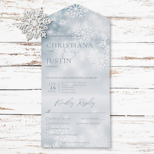 ブルー&ホワイト冬雪モダン3ディナー オールインワン招待状