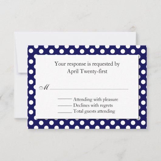 ブルー&ホワイト水玉模様ウェディングRSVPカード 出欠カード (正面)