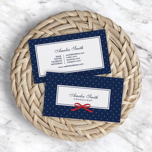 ブルー&ホワイト水玉模様レッドリボンソーシャルメディア 名刺