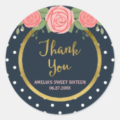 ブルー&ホワイト水玉模様赤面ピンクローゼサンキュー ラウンドシール (正面)