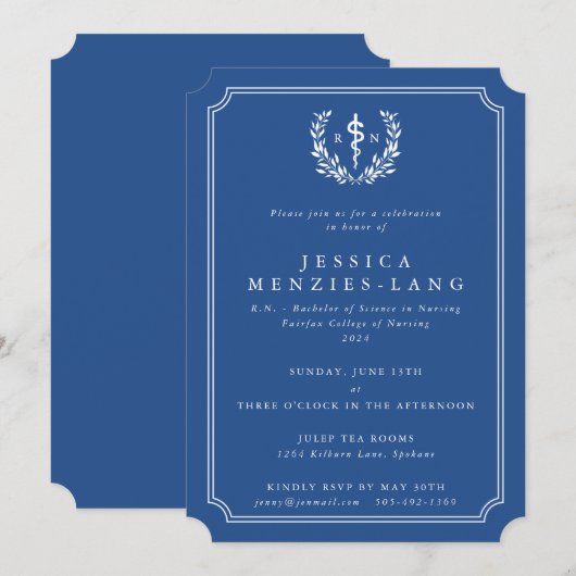 ブルー/ホワイト登録ナースアスクレピウス卒業 招待状 (正面/裏面)