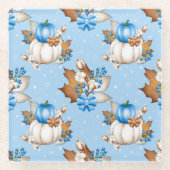 ブルー&ホワイト秋カボチャ&紅葉 ガラスコースター (正面)