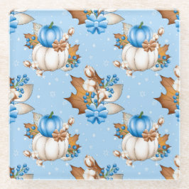 ブルー&ホワイト秋カボチャ&紅葉 ガラスコースター