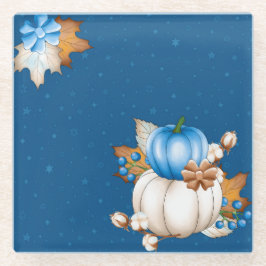 ブルー&ホワイト秋カボチャ&紅葉 ガラスコースター