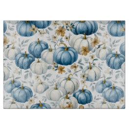 ブルー&ホワイト秋カボチャ&金ゴールド花 カッティングボード