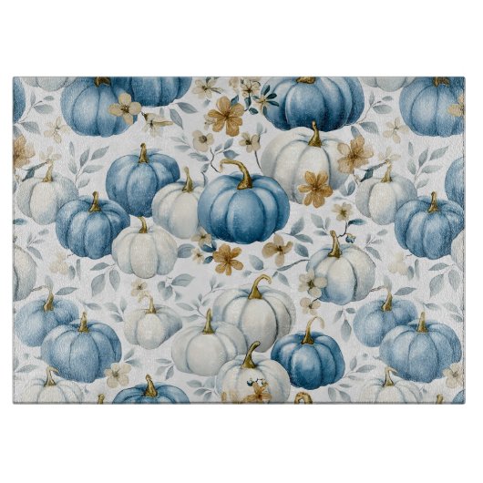 ブルー&ホワイト秋カボチャ&金ゴールド花 カッティングボード (正面)