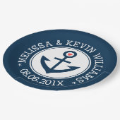 ブルー&ホワイト航海のボートいかり結婚ズデザイン ペーパープレート (アングル)