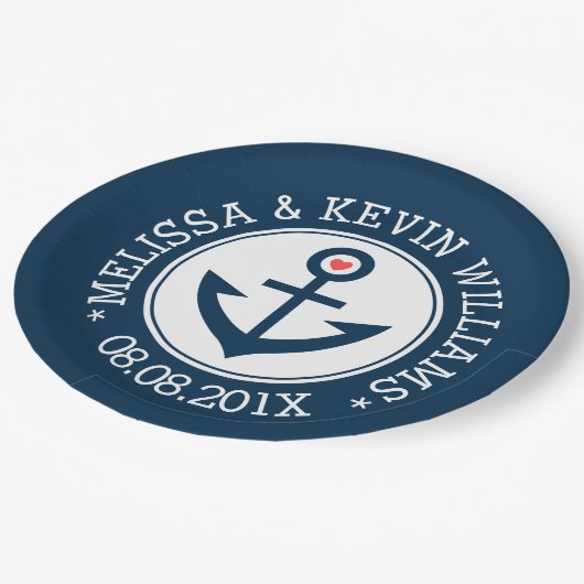 ブルー&ホワイト航海のボートいかり結婚ズデザイン ペーパープレート (アングル)