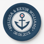 ブルー&ホワイト航海のボートいかり結婚ズデザイン ペーパープレート (正面)