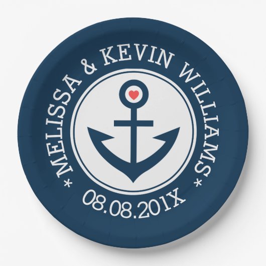 ブルー&ホワイト航海のボートいかり結婚ズデザイン ペーパープレート (正面)
