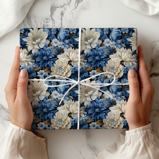ブルー ホワイト アイボリー フラワー ギフト ラッピング ペーパー