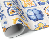 ブルー ホワイト イエロー タイル パターン サマー エステティック ラッピングペーパー (ロールコーナー)