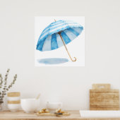 ブルー＆ホワイト ウォーターカラー傘 - オーシャンナーセリー ポスター (キッチン)