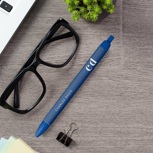 ブルー ホワイト カスタム モノグラム 名前 ミニマリスト 青ボールペン