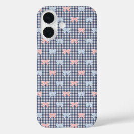 ブルー ホワイト ギンガム ピンク ブルー コケット リボン トレンディ iPhone 16ケース