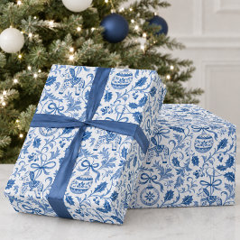 ブルー ホワイト クリスマス ホリデー パターン ラッピングペーパー
