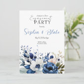ブルー、ホワイト＆グリーンの花のエンゲージメントパーティー 招待状 (スタンド正面)