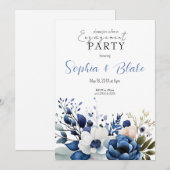 ブルー、ホワイト＆グリーンの花のエンゲージメントパーティー 招待状 (正面/裏面)