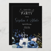 ブルー、ホワイト、グリーンフローラブラック婚約パーティ 招待状 (正面/裏面)
